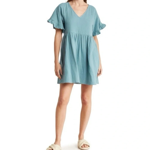Madewell Babydoll Ruffle Sleeve Gauzy Cotton V Neck Easy Mini Dress - Picture 1 of 7